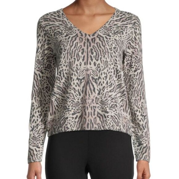 NWTs ATM Animal Print Cashmere Blend V-Neck Sweater Size Medium - Picture 1 of 9
